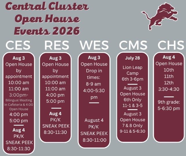 Central Cluster Open House Events 2026 schedule including CES, RES, WES, CMS, and CHS with dates and times for various events like open houses, drop-in times, and sneak peeks.