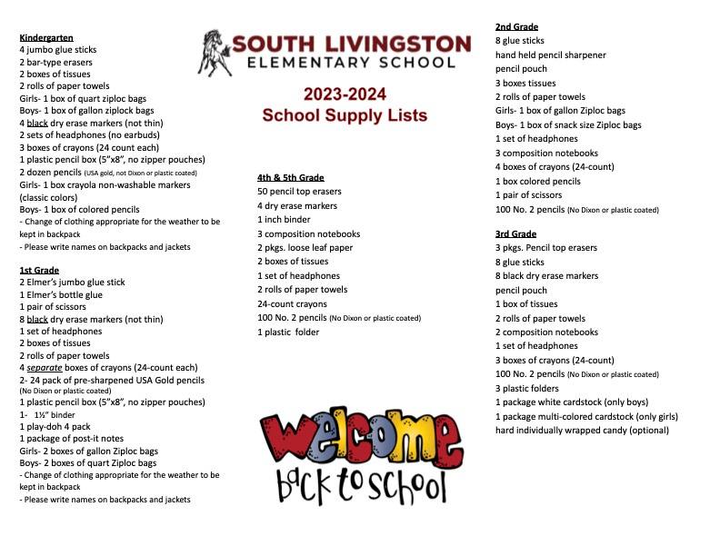 23&24 South Livingston Elementary School School Supply List 