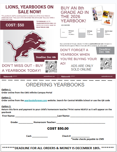 Promotional flyer with a maroon lion advertises Central Middle School yearbooks for $50; orders due Dec. 18, with QR codes and 8th-grade ads.