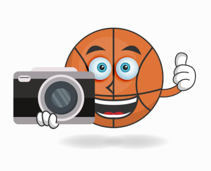 basketball mascot thumbs up with camera