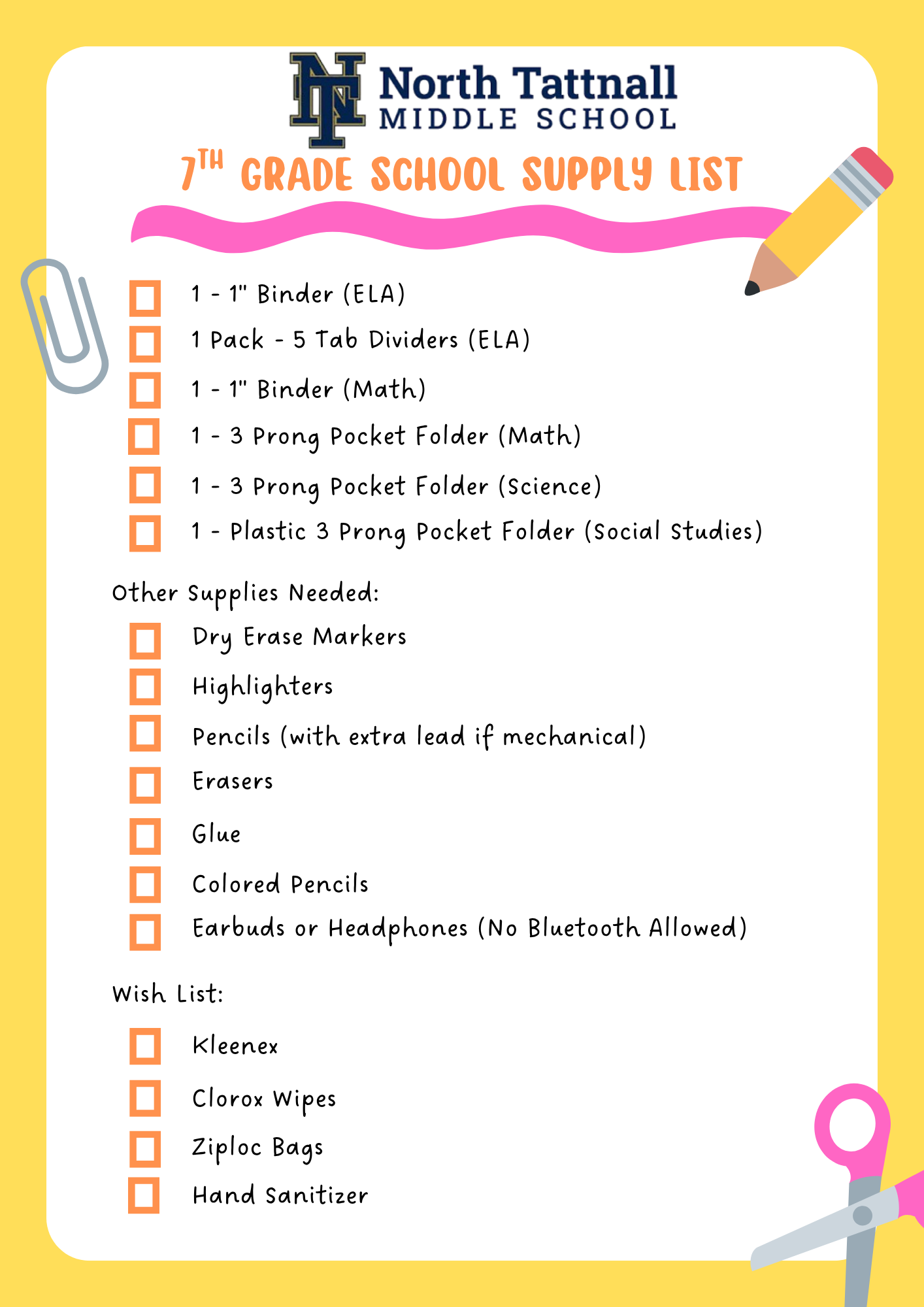 ELA  1 - 1 inch binder   1 pack - 5 tab dividers Math  1 - 1 inch+   binder  1 - 3-prong pocket folder Science  1 - 3-prong Pocket folder Social Studies  1 - plastic 3-prong pocket folder Other Supplies needed  Dry erase markers  Highlighters  Pencils (with extra lead if mechanical)  Erasers  glue  Colored pencils   Earbuds or headphones - no bluetooth allowed Wish list  Kleenex  Clorox Wipes  Ziploc Bags  Hand Sanitizer