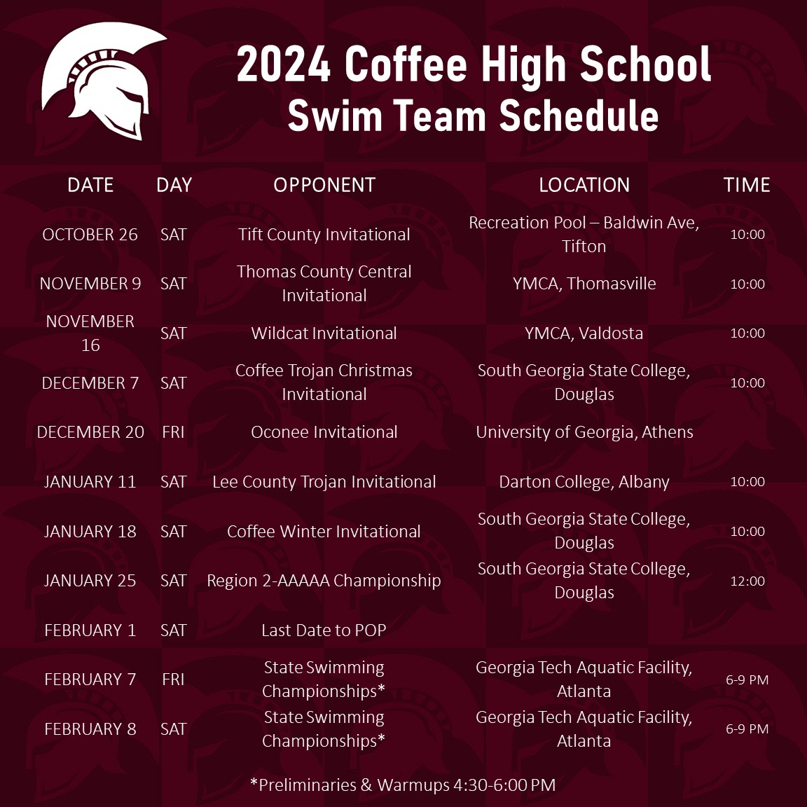 2024-2025 CHS Swim Team Schedule