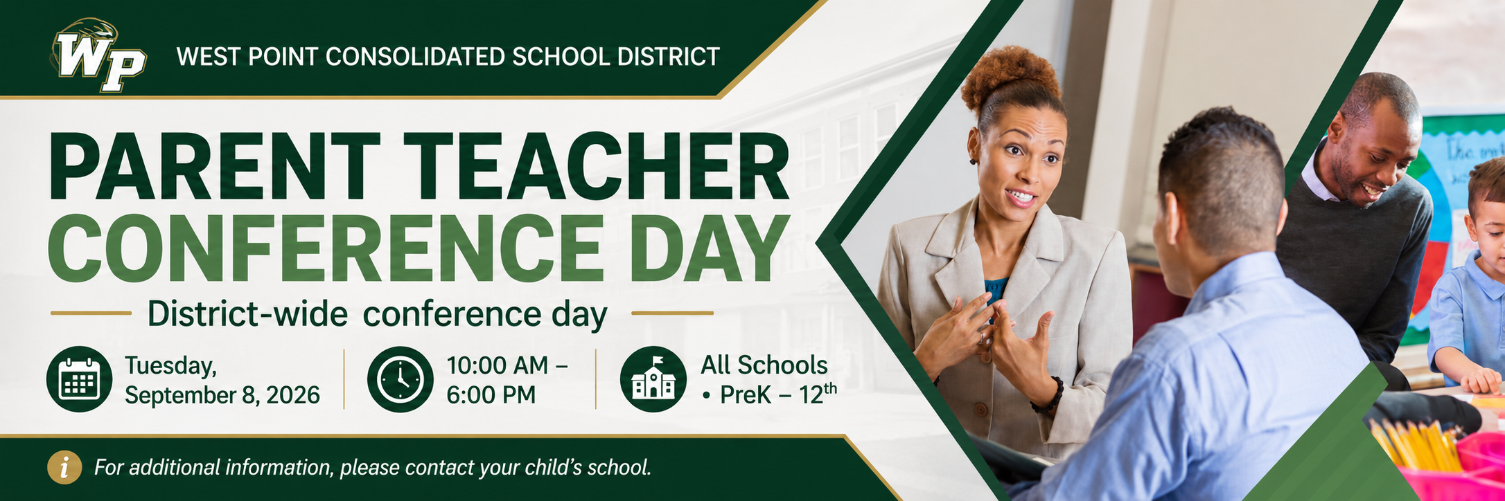 West Point Consolidated School District Parent Teacher Conference Day flyer announcing conferences on September 8, 2026, from 10:00 AM to 6:00 PM for all schools, PreK through 12th grade.