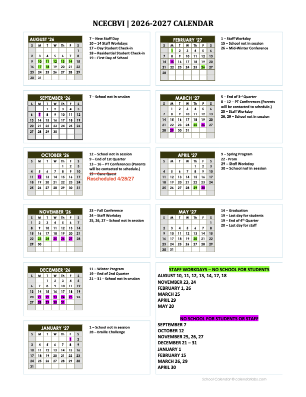 NCECBVI school calendar