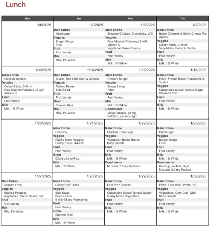 JAN Lunch Menu