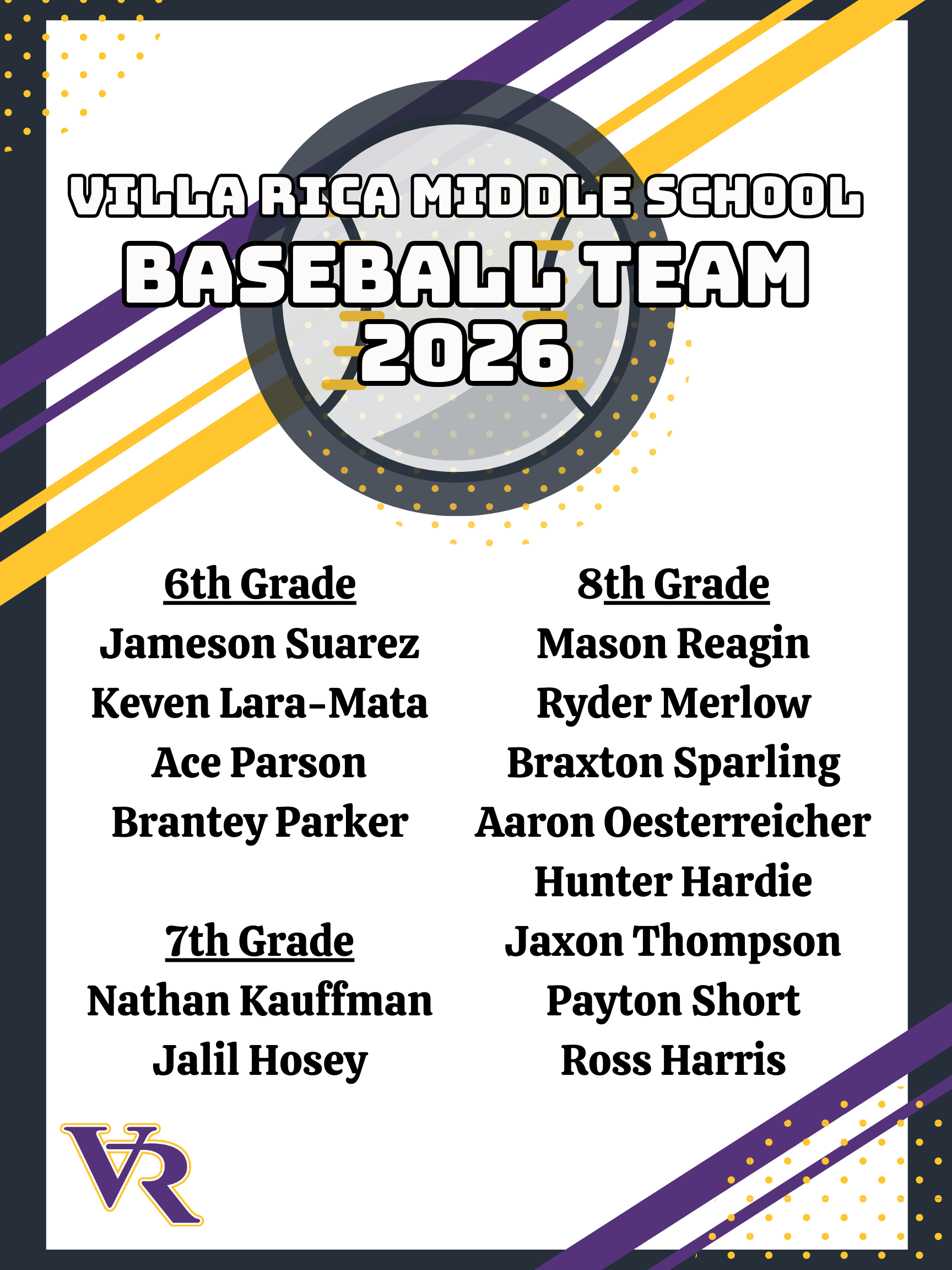 Villa Rica Middle School baseball Team 2026 6th Grade Jameson Suarez Keven Lara-Mata Ace Parson Brantey Parker  7th Grade Nathan Kauffman Jalil Hosey 8th Grade Mason Reagin Ryder Merlow Braxton Sparling Aaron Oesterreicher Hunter Hardie Jaxon Thompson Payton Short Ross Harris