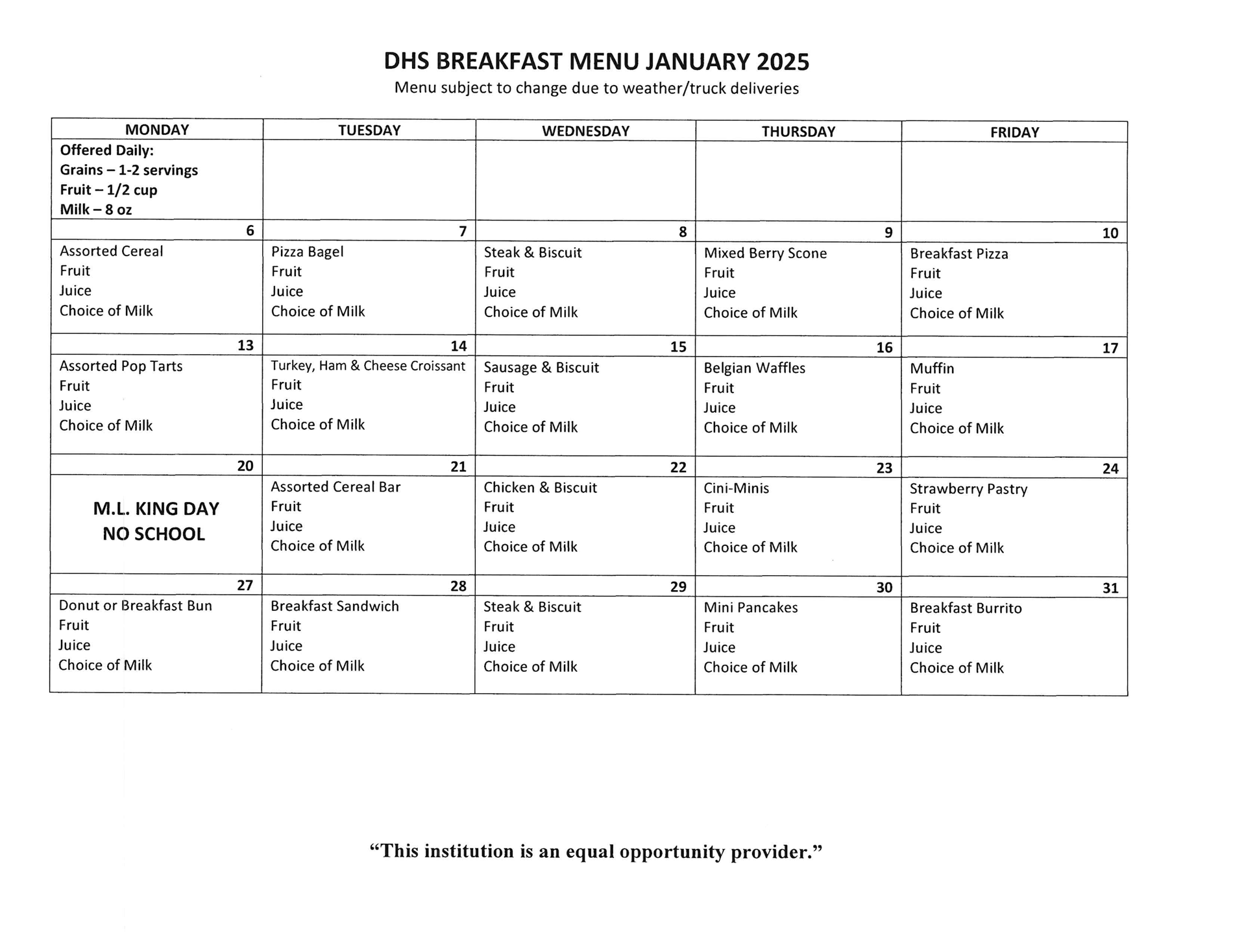 DHS Breakfast Menu