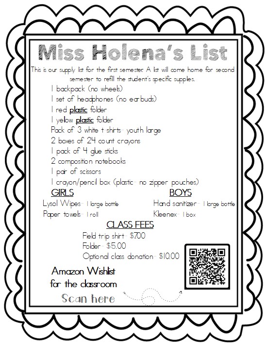 Miss Holena's supply list