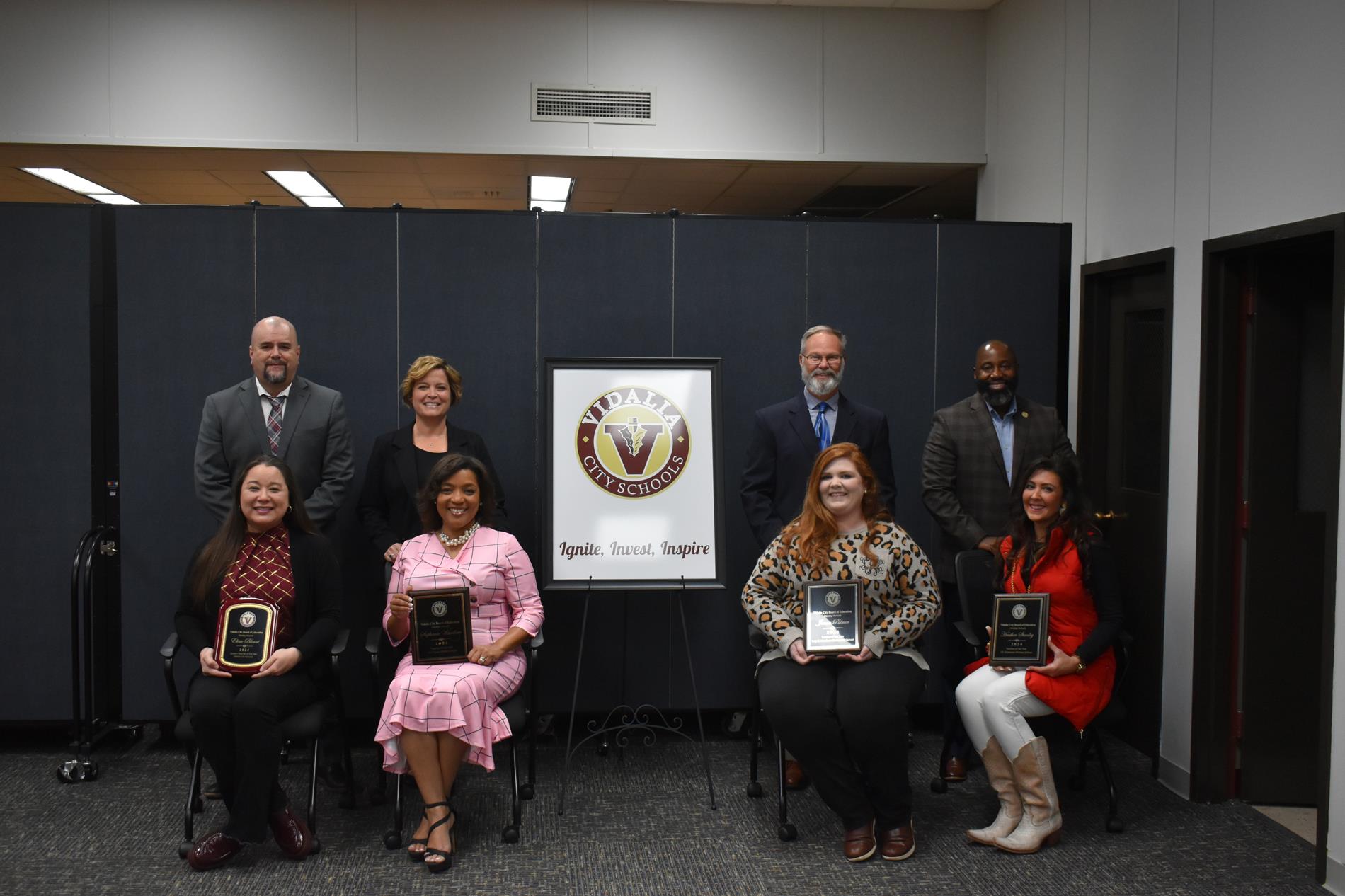 VHS teachers of the Year with Principals Back Row L-R Bruce Mulkey, Dr. Sandy Reid, Scott Stephens , and Brandon Boston. Front Row L-R Elissa Blount (VHS), Stephanie Wardlaw (JRT), Janna Palmer (SDM), Heather Stanley (JDD)