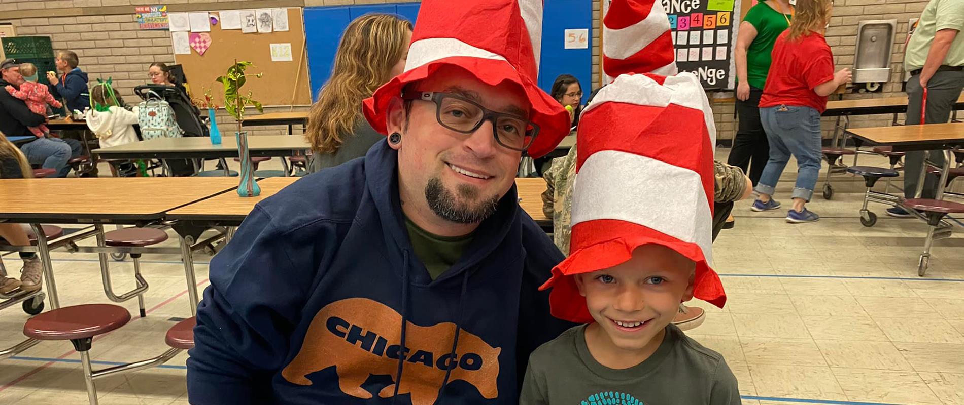 father and son have a Dr. Seuss breakfast