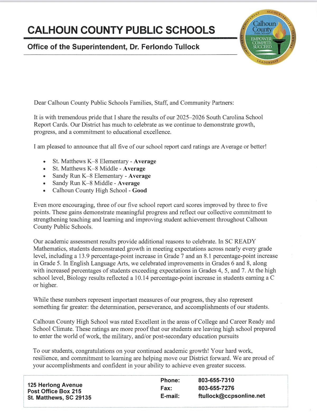 District Report Card Scores Letter from Dr. Tullock
