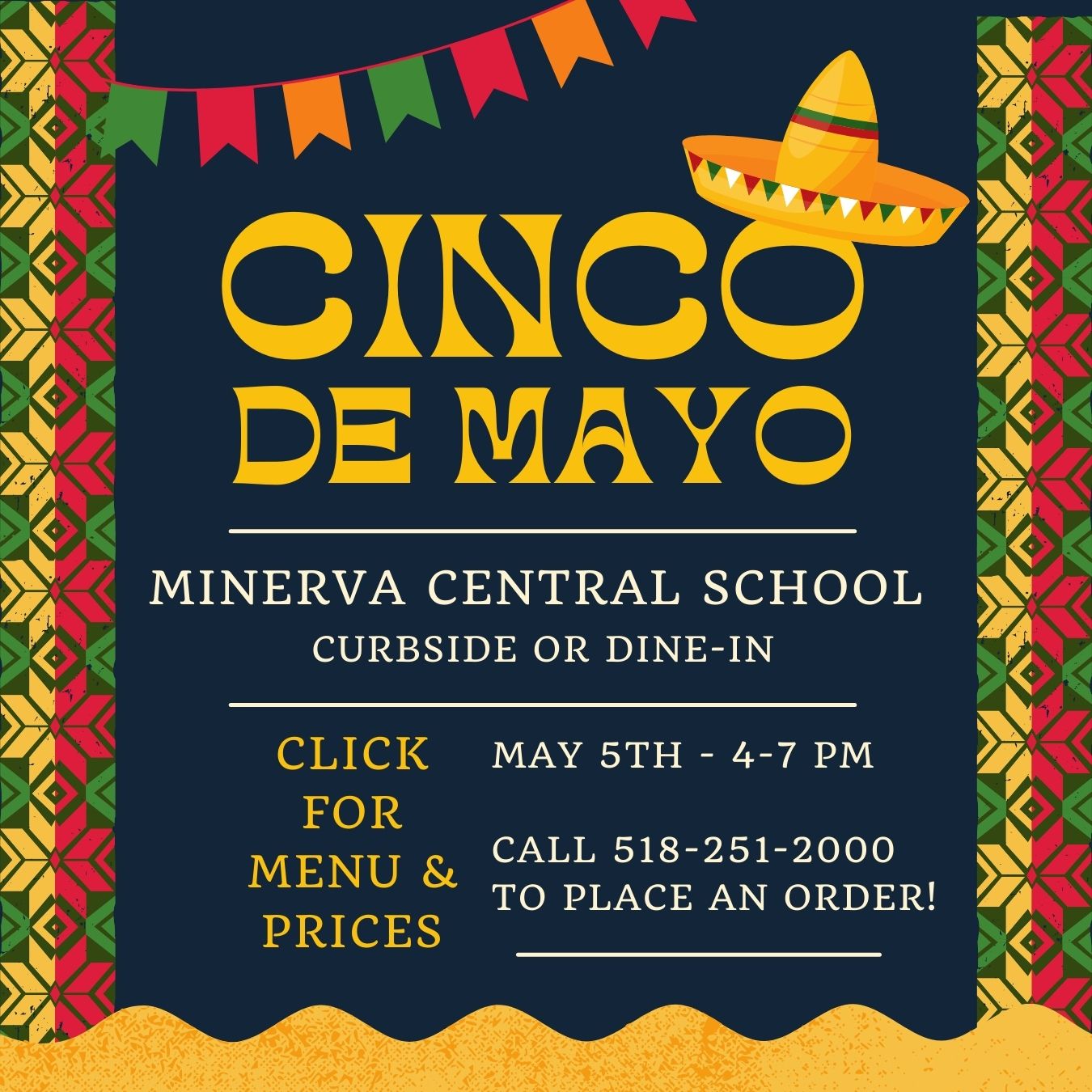 Cinco de Mayo Fundraiser flyer May 5 4-7 pm call 518 251 2000 for more informatin