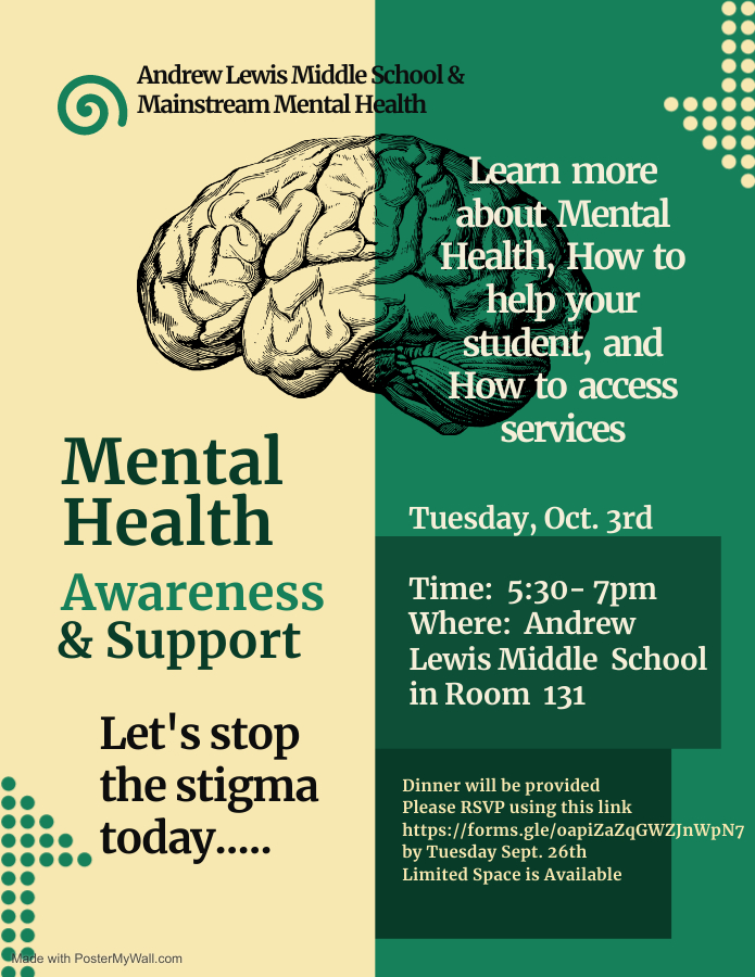 Andrew Lewis Middle School & Mainstream Mental Health workshop on Tuesday, October 3 from 5:30-7:30 pm in ALMS Room 131.