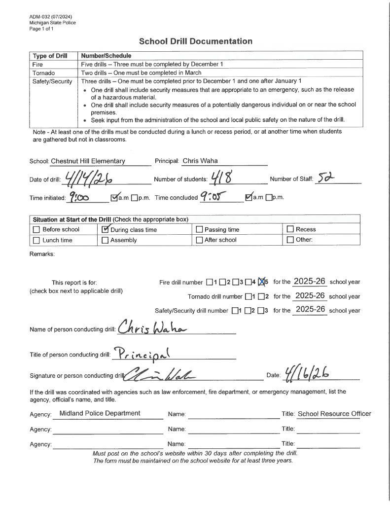 Form for Chesnut Hill Elementary's fifth safety drill of 2025-2026