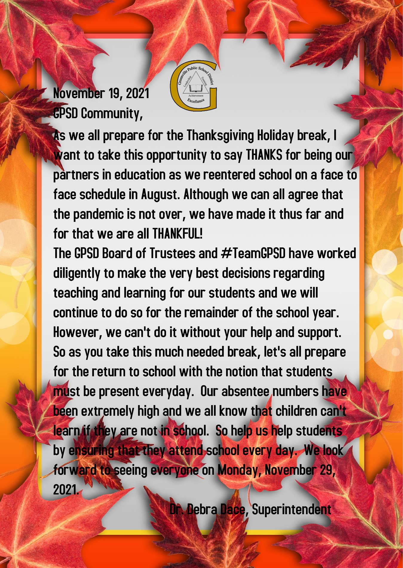 Superintendent Thanksgiving Letter