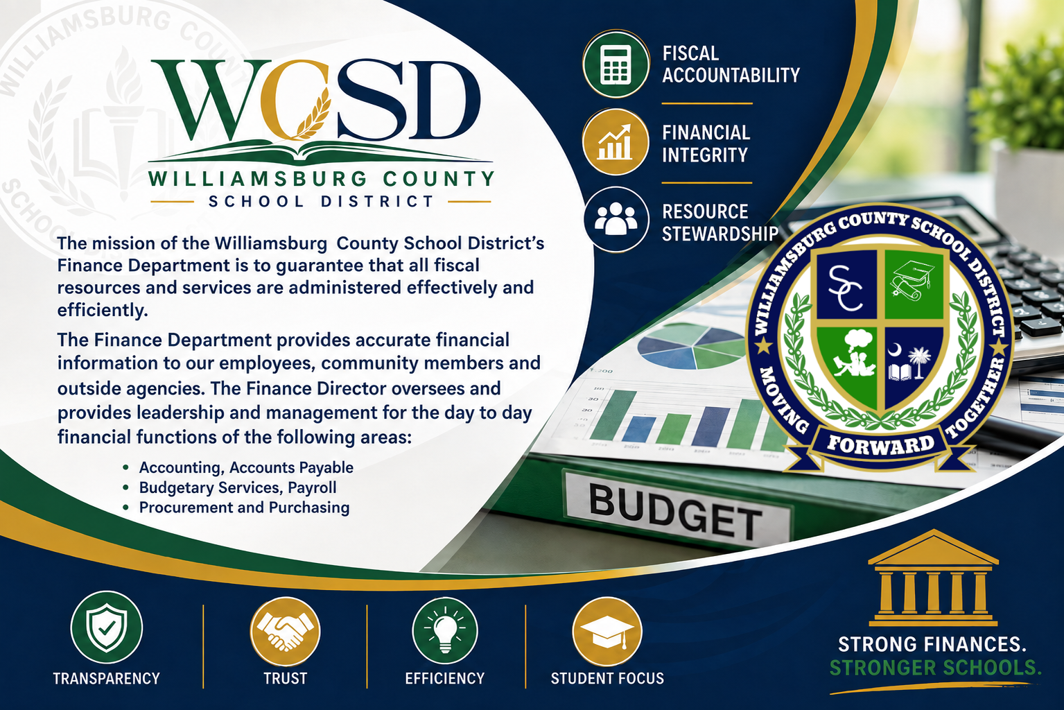 Williamsburg County School District Finance Department infographic in navy blue, green, gold, and white. The WCSD logo appears above the department’s mission statement, which explains its commitment to effectively and efficiently administering fiscal resources and services. The text also states that the Finance Department provides accurate financial information and oversees Accounting and Accounts Payable, Budgetary Services and Payroll, and Procurement and Purchasing. The right side features a calculator, financial charts, pen, and budget binder, along with icons representing fiscal accountability, financial integrity, and resource stewardship. Along the bottom are icons for Transparency, Trust, Efficiency, and Student Focus, with the slogan “Strong Finances. Stronger Schools.”