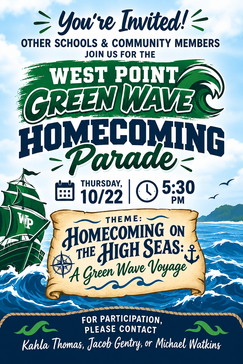 West Point Green Wave Homecoming Parade flyer announcing the October 22 parade at 5:30 p.m. with the theme “Homecoming on the High Seas: A Green Wave Voyage.”
