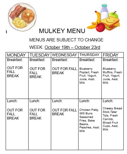 Lunch Menu October 19-23, 2026