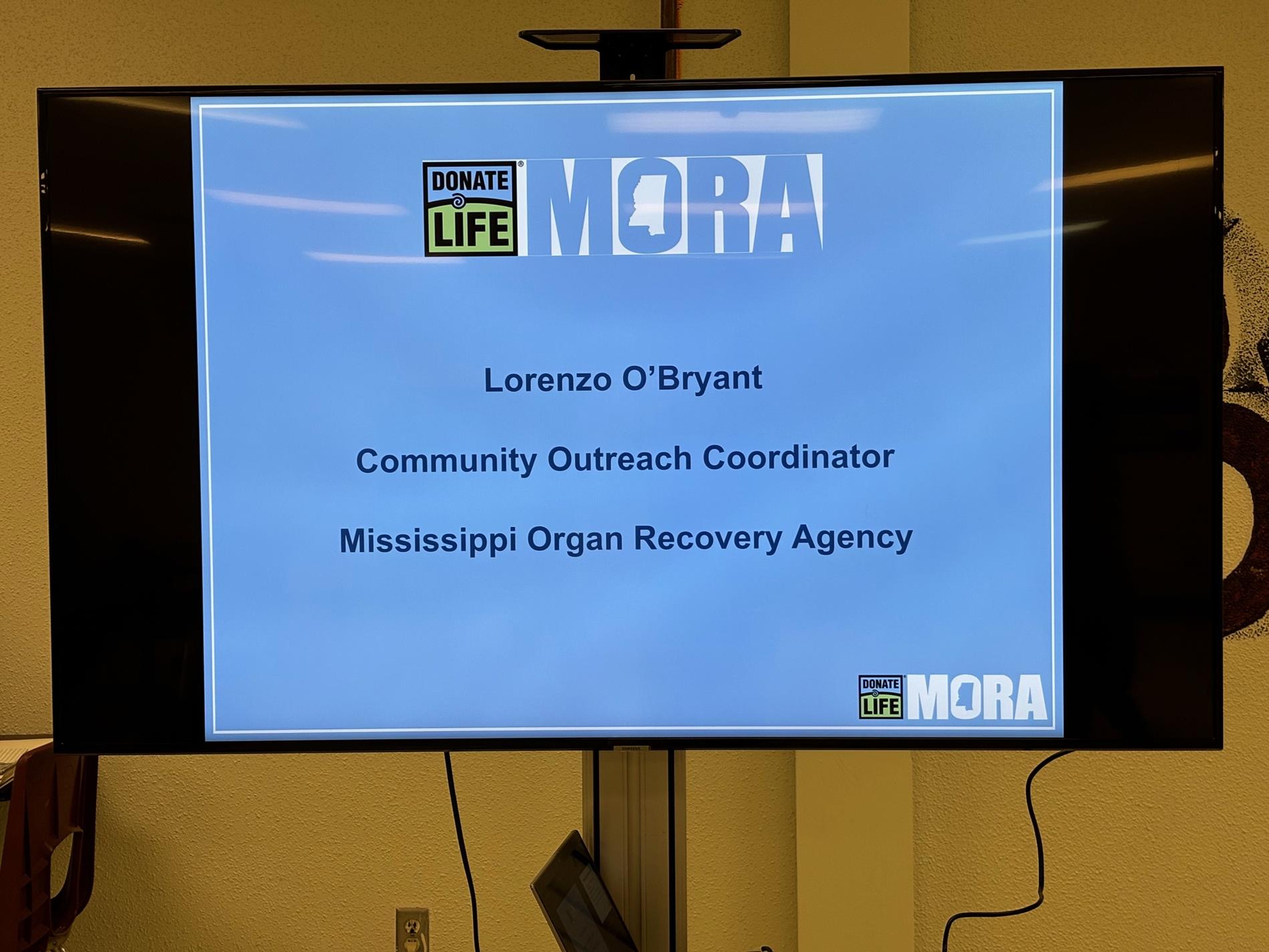 Lorenzo O'Bryant from MORA presented information about organ recovery to students at the CTC.