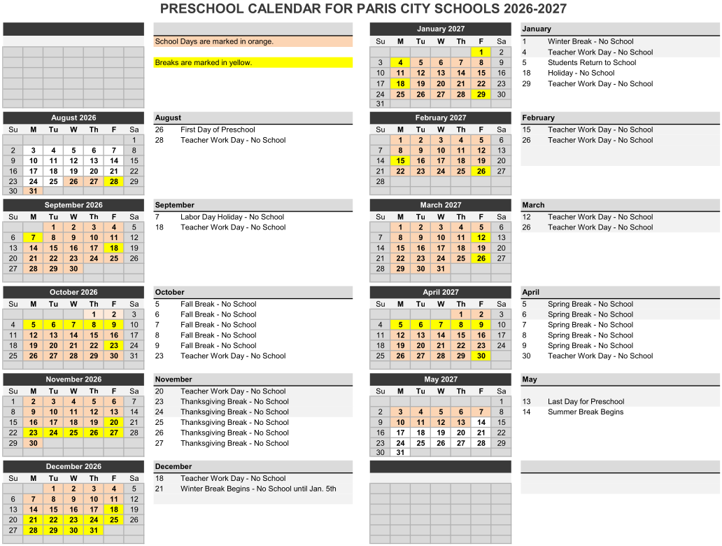 2026-27 Preschool Calendar