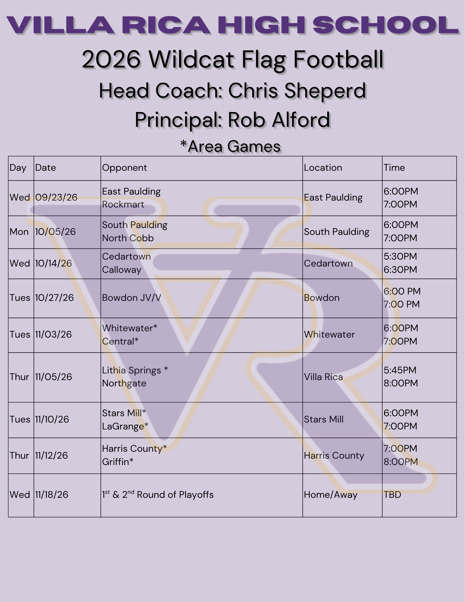 2026 Flag Football Schedule 2026 Flag Football Schedule
