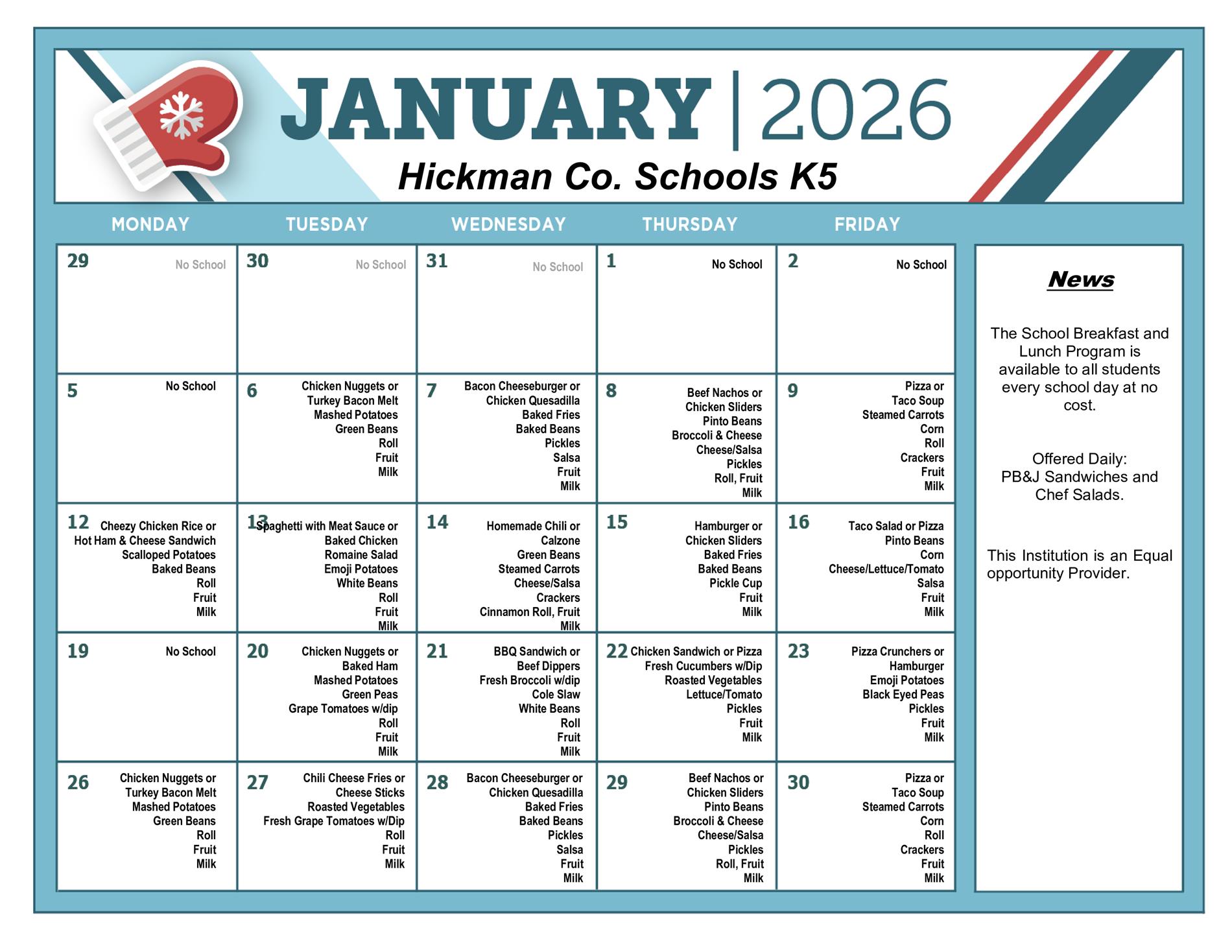 January daily lunch calendar for K-5