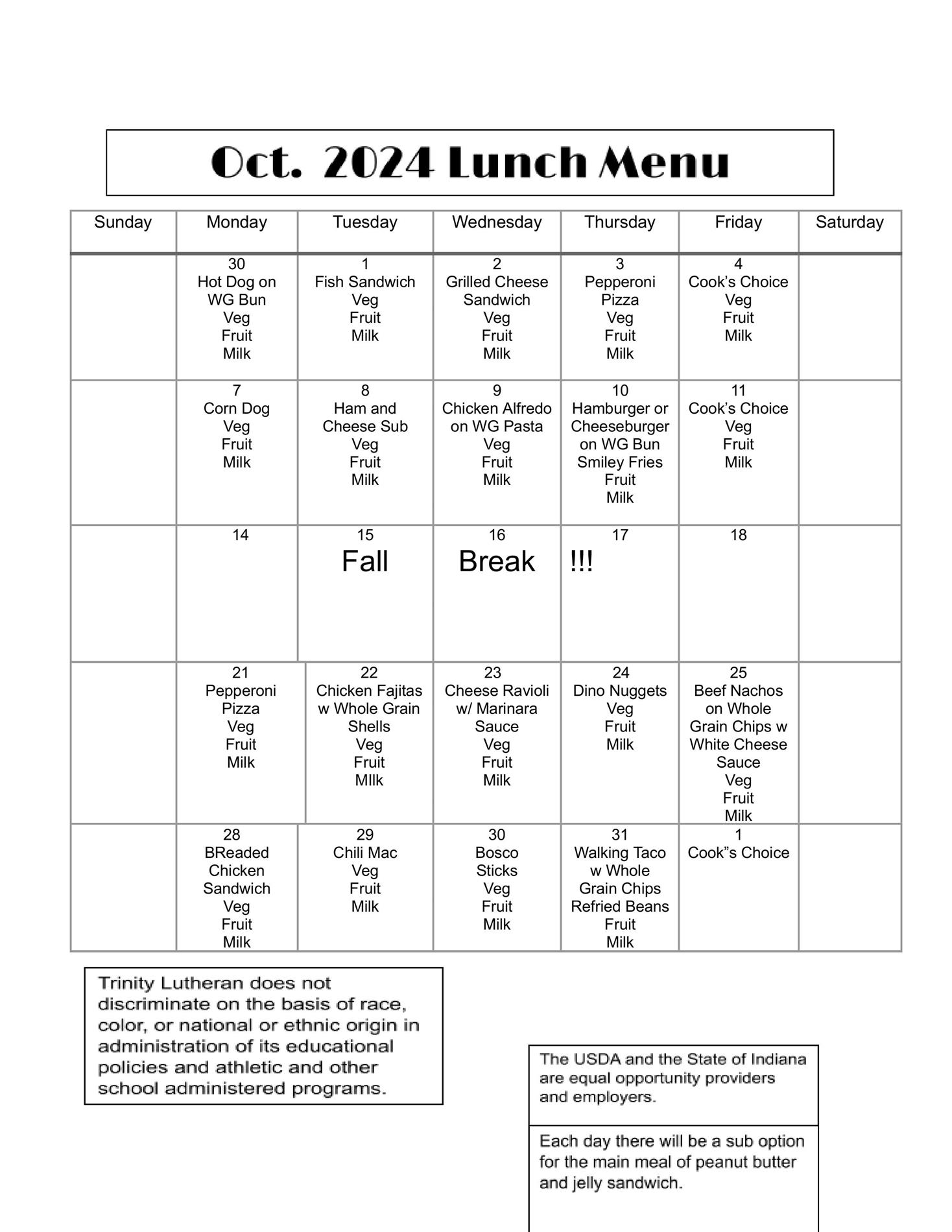 October Lunch Menu