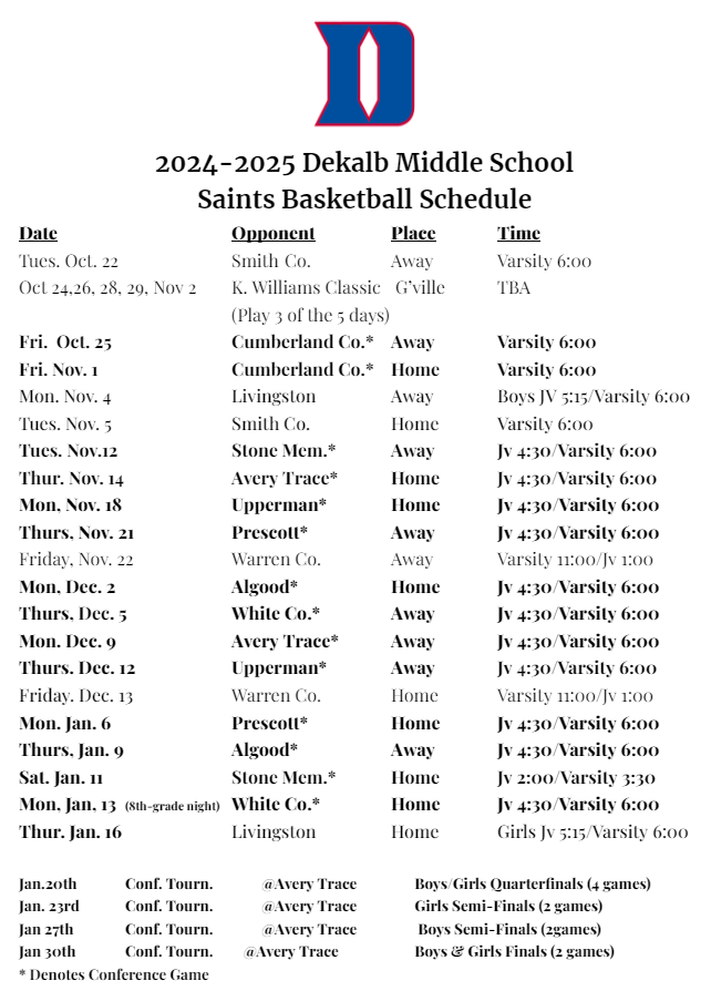 DMS Basketball Schedule