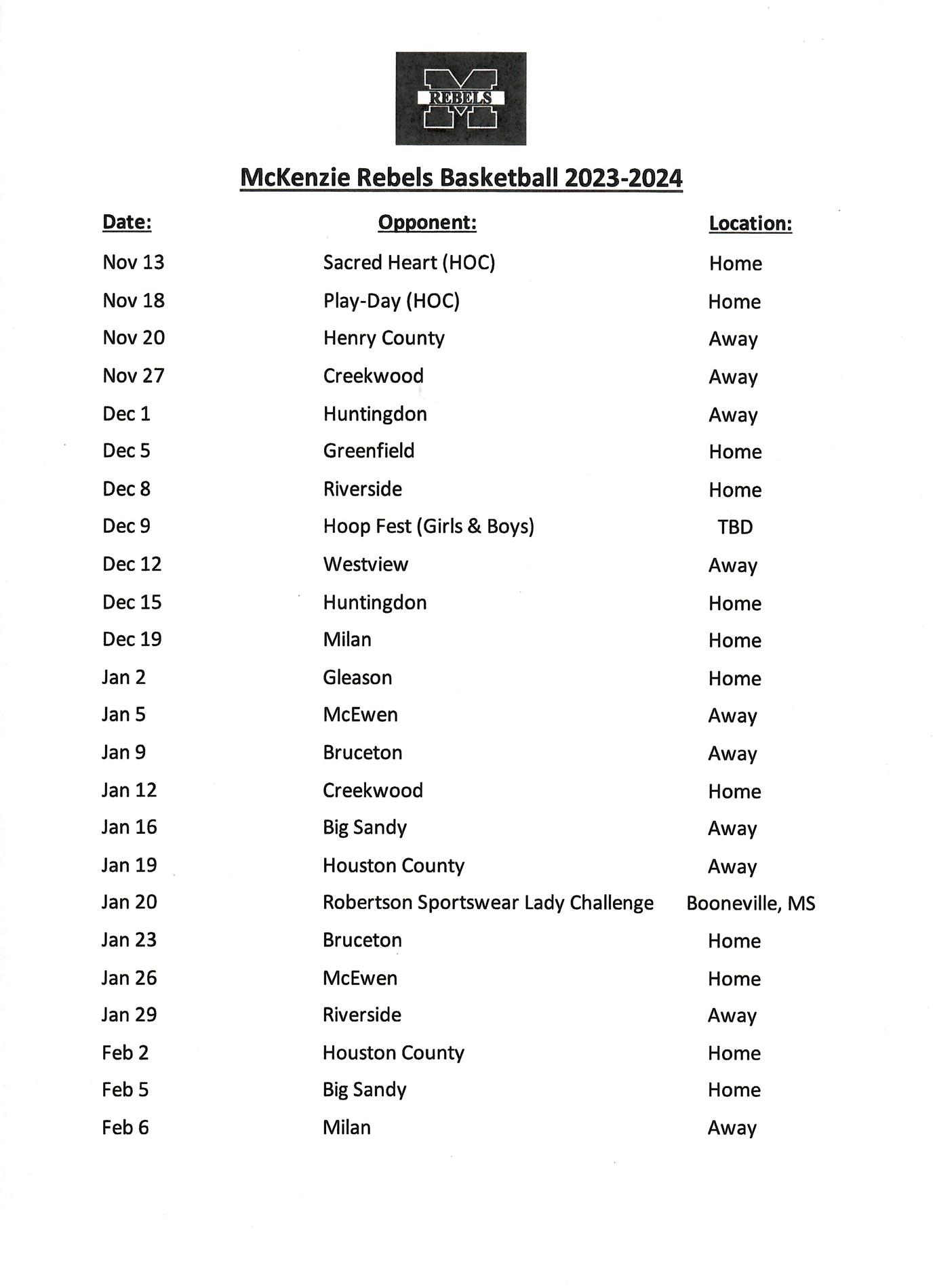 2023-24 Basketball Schedule