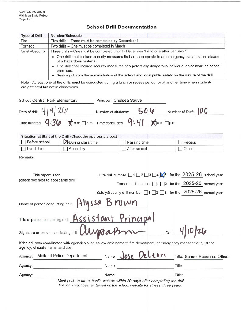 Form for Central Elementary's fifth fire drill of 2025-2026