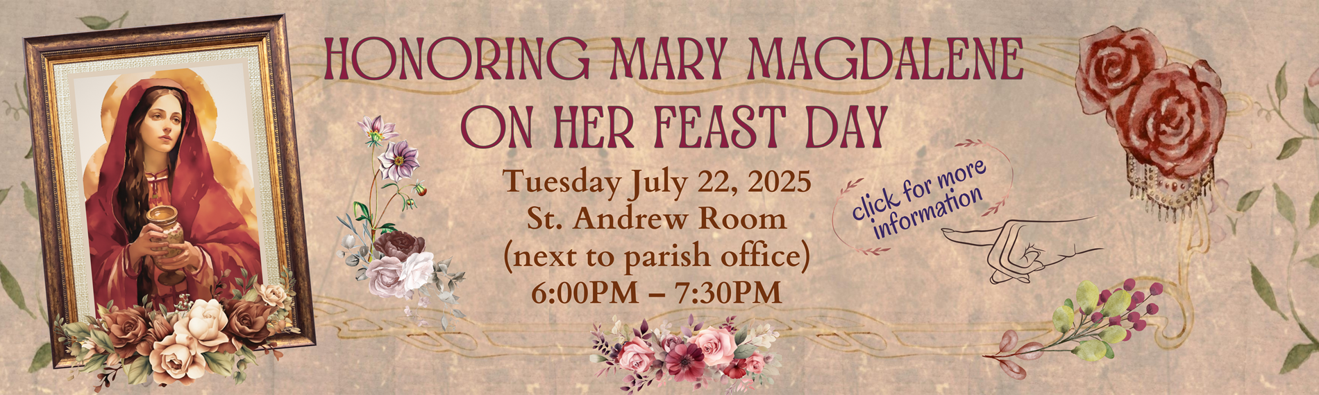 Feast of Mary Magdalene | July 22 | 6PM - 7:30PM | St Andrew room