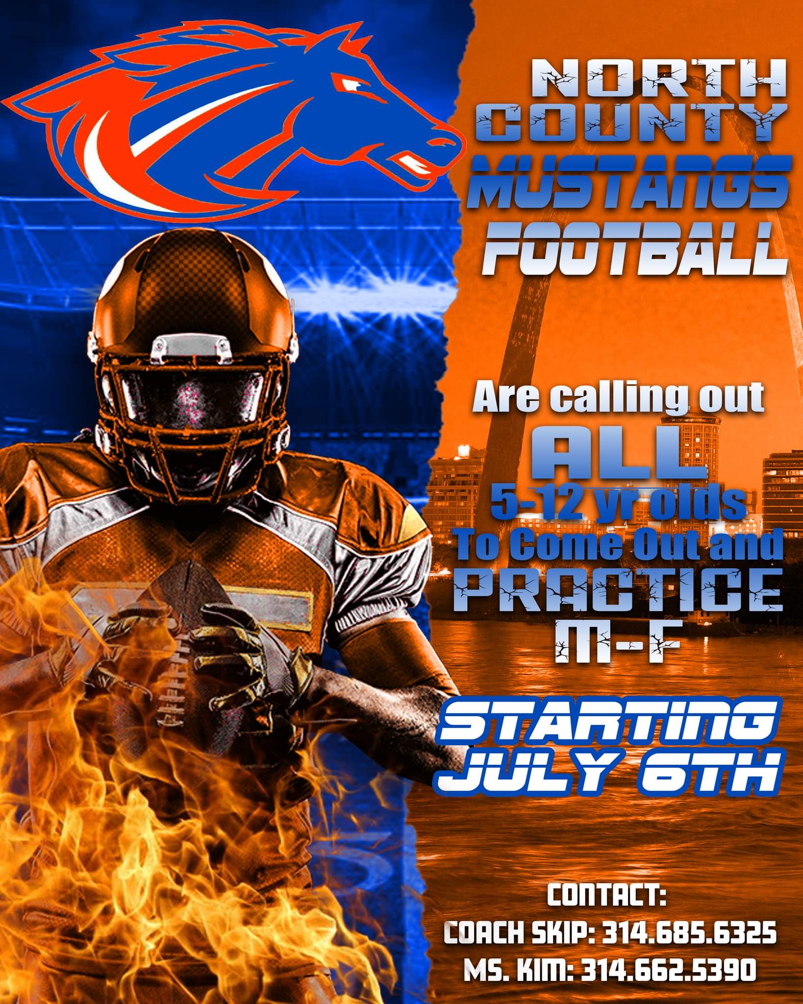 north county mustangs football starting july 6th contact coach skip 314.685.6325