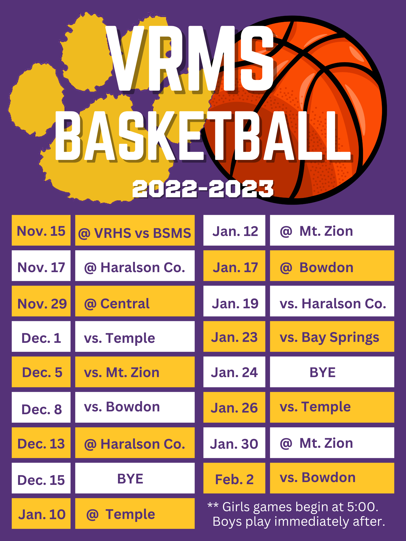  11/15 Bay Springs @ VRHS?? 11/17 @Haralson 11/29 @Central 12/1 Temple 12/5 Mt. Zion 12/8 Bowdon 12/13 @Haralson 12/15 Bye 1/10 @Temple 1/12 @Mt. Zion 1/17 @Bowdon 1/19 Haralson 1/23 Bay Springs 1/24 Bye 1/26 Temple 1/30 @Mt. Zion 2/2 Bowdon