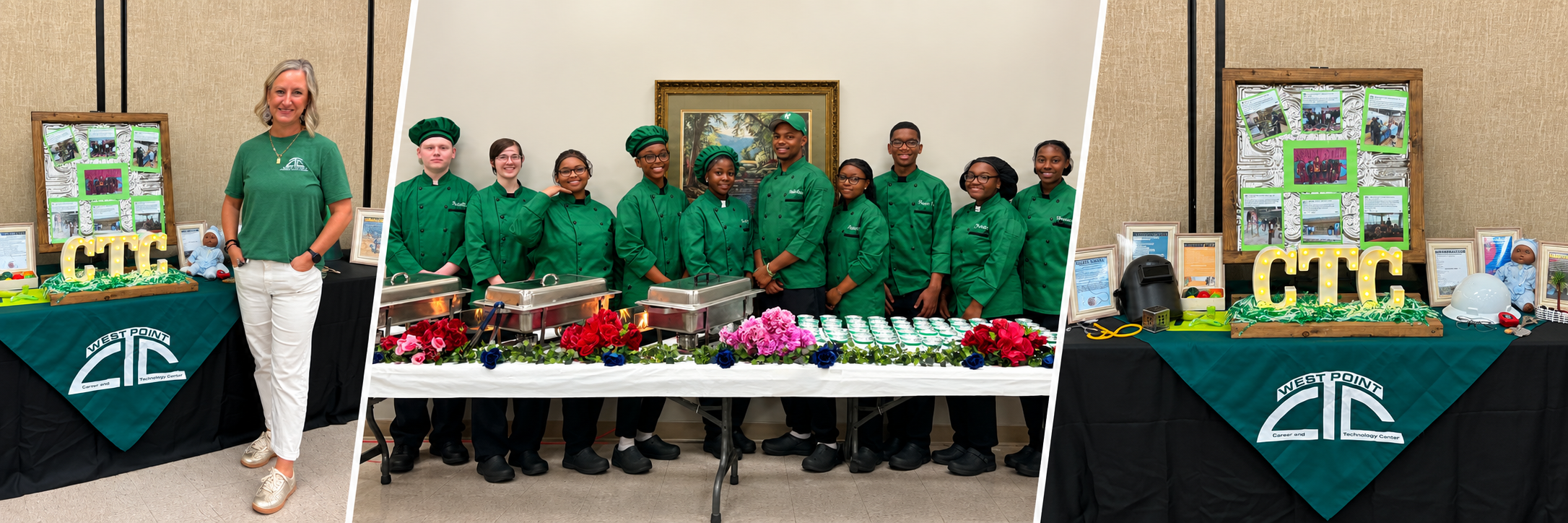 Three-photo collage featuring a West Point Career and Technology Center representative, Culinary Arts students in green chef uniforms, and a CTC program display during the Bright Horizons 2026 Kick-Off Celebration.