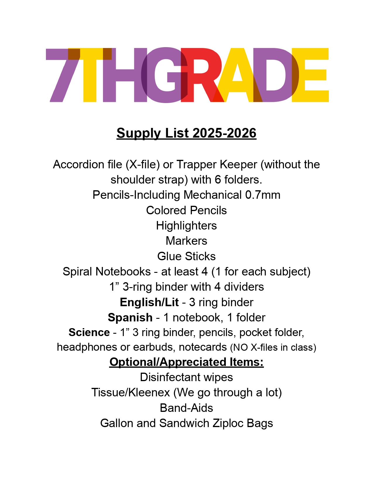 7th Grade Supply List