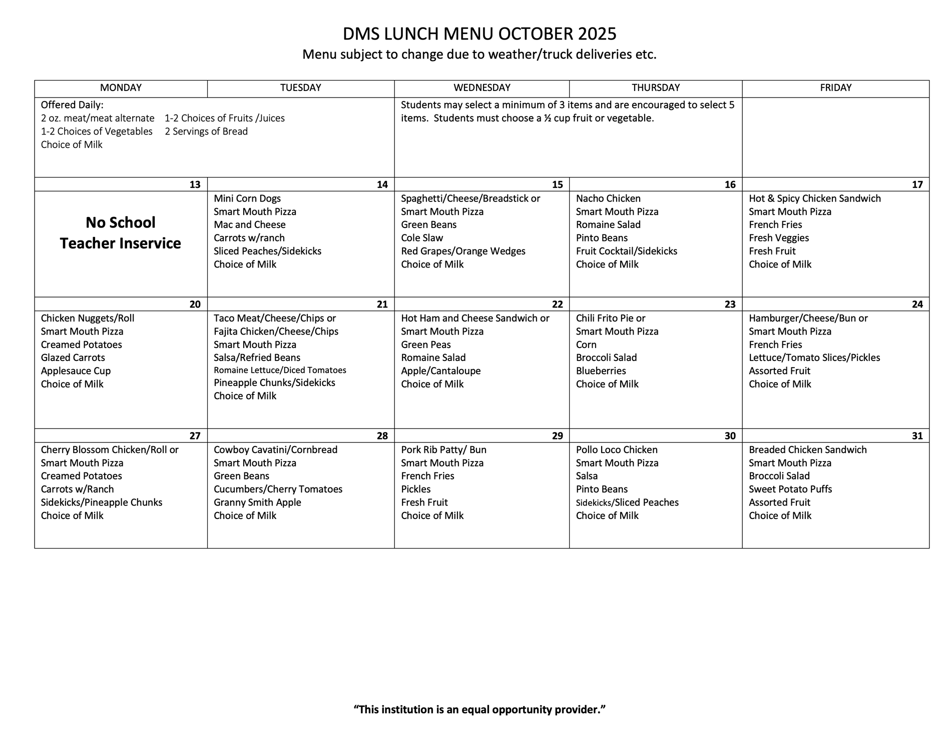 October Lunch Menu
