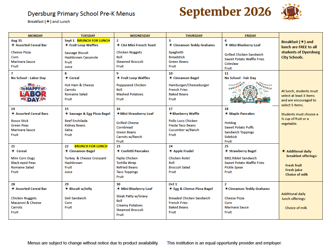 DPS Pre-K Menu