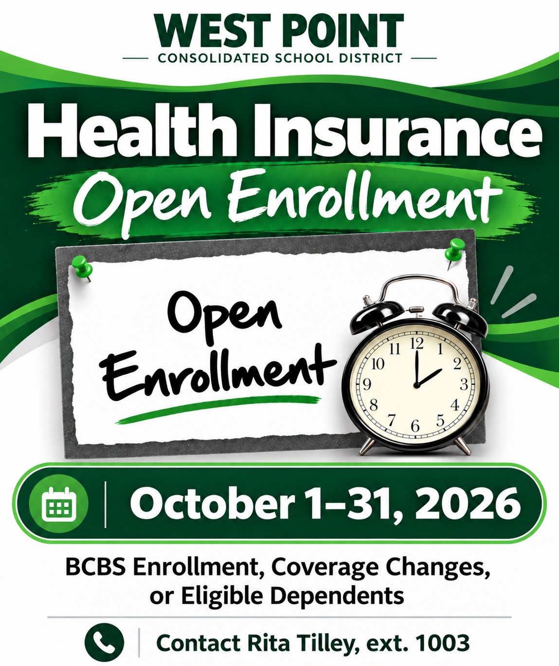 West Point Consolidated School District Health Insurance Open Enrollment announcement for October 1 through October 31, 2026.