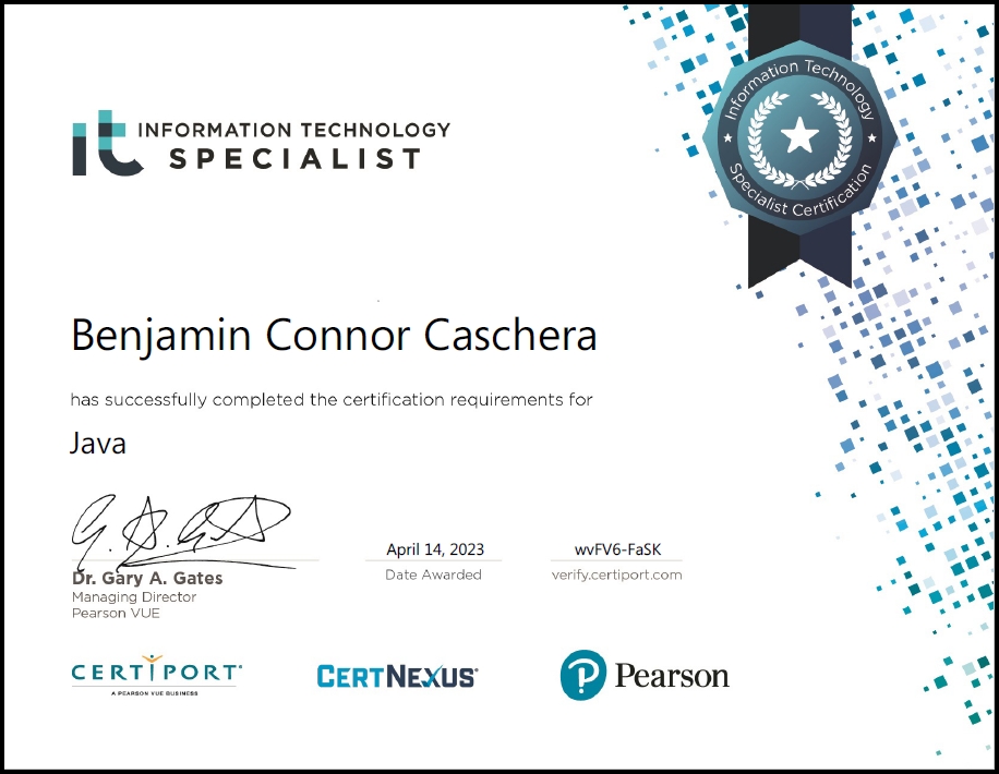 Benjamin Conner Caschera's ITS Java Certification
