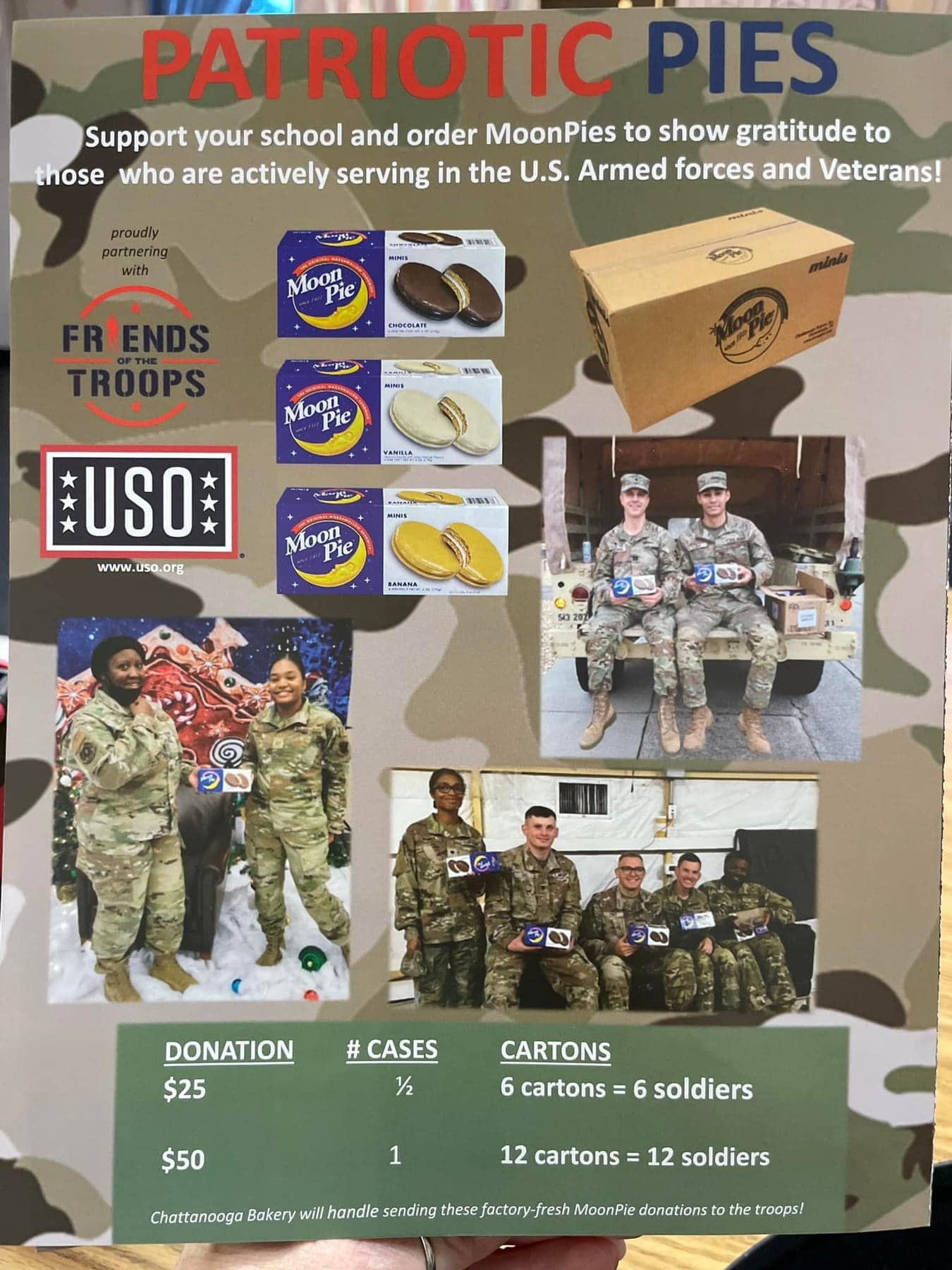 Support the military and send MoonPies to US soldiers. $25 for 36 pies. $50 for 72 pies. 