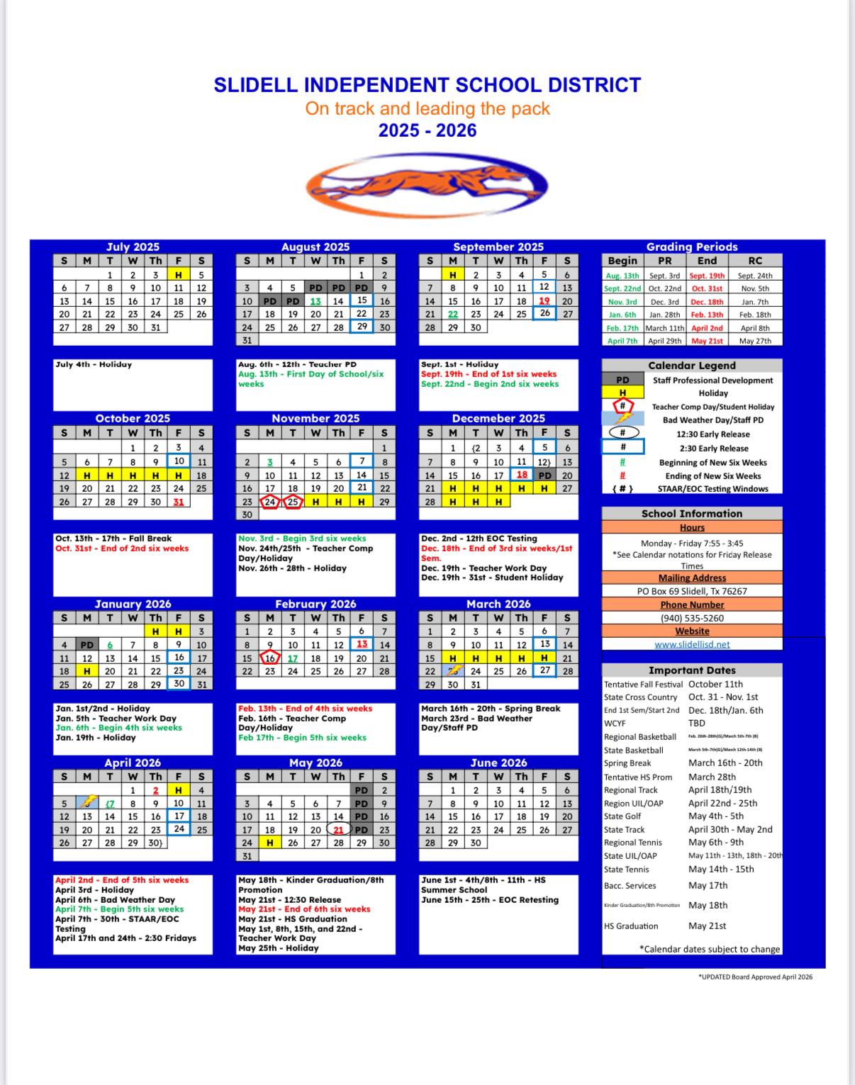 📢 25-26 District Calendar Update Please note that April 24 will now be an early release day at 2:30 PM. Additionally, all Fridays in May will be Staff Development Days and Student Holidays. This update was officially adopted at tonight’s board meeting. Thank you for your attention and support!
