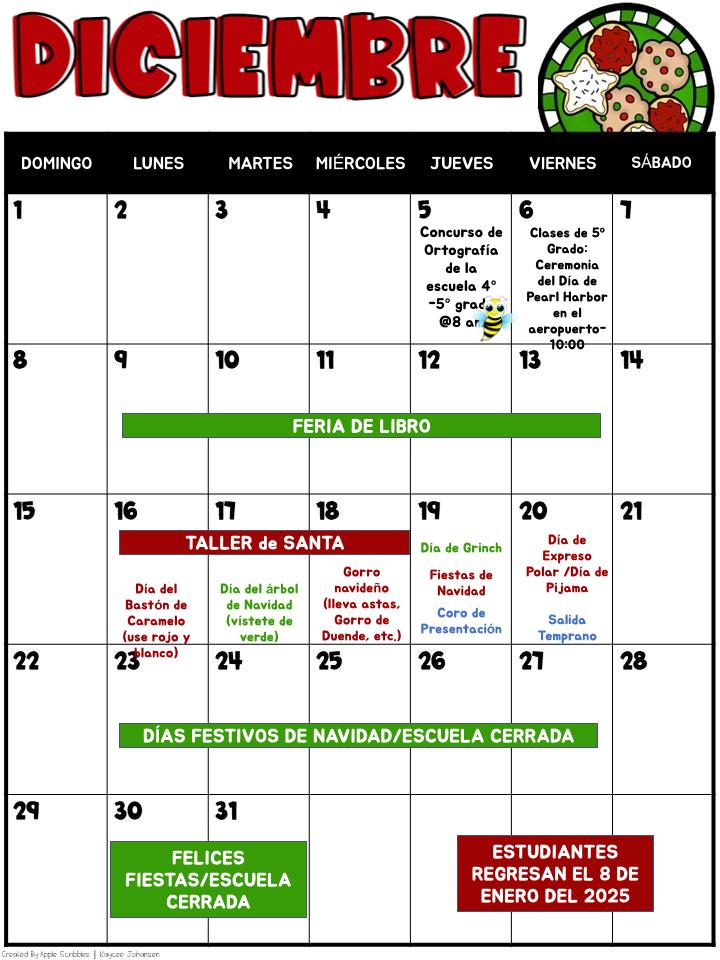 DECEMBER SCHOOL CALENDAR (SPANISH)