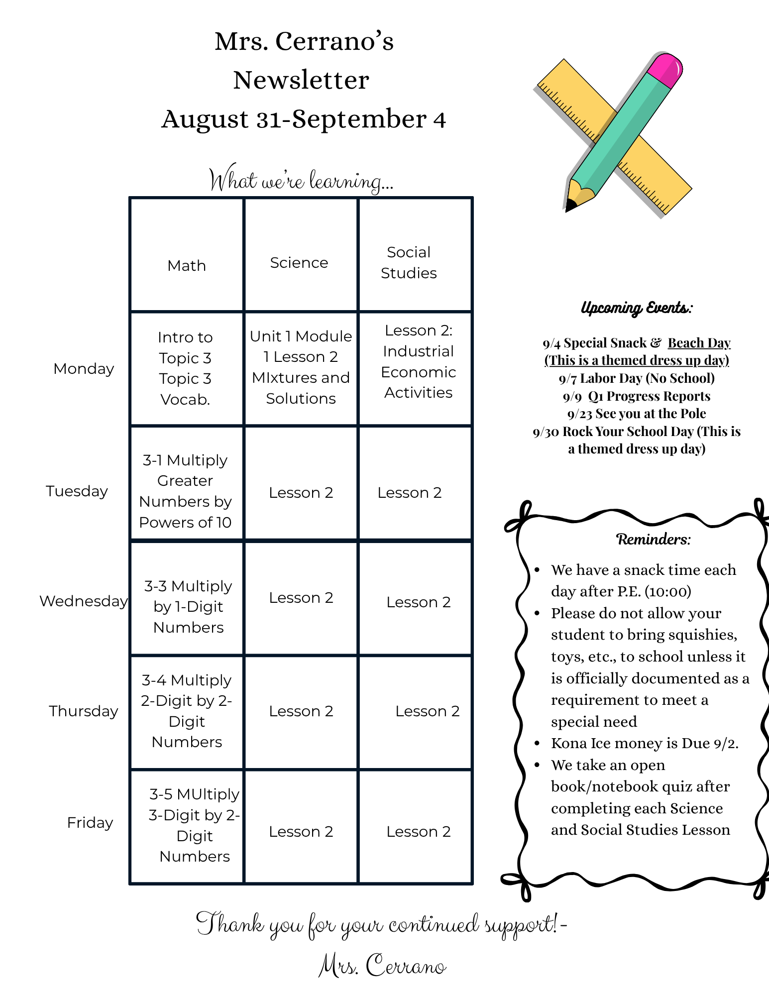 Newsletter 8/31-9/4
