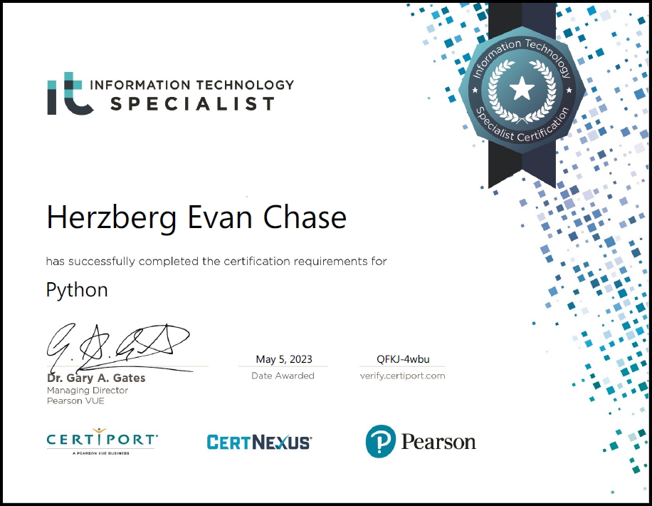 Evan Chase Herzberg's ITS Python Certification