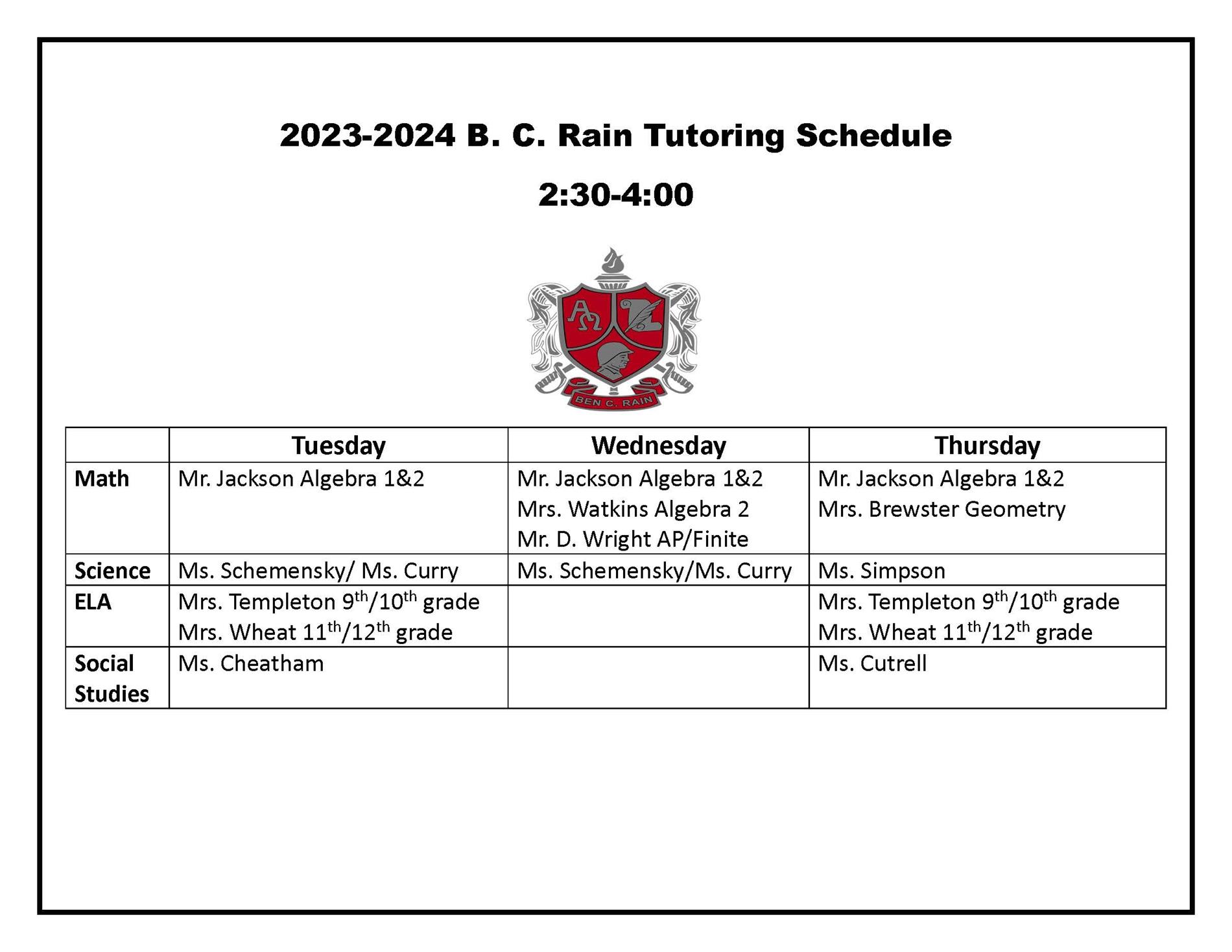 2023-2024 tutoring schedule