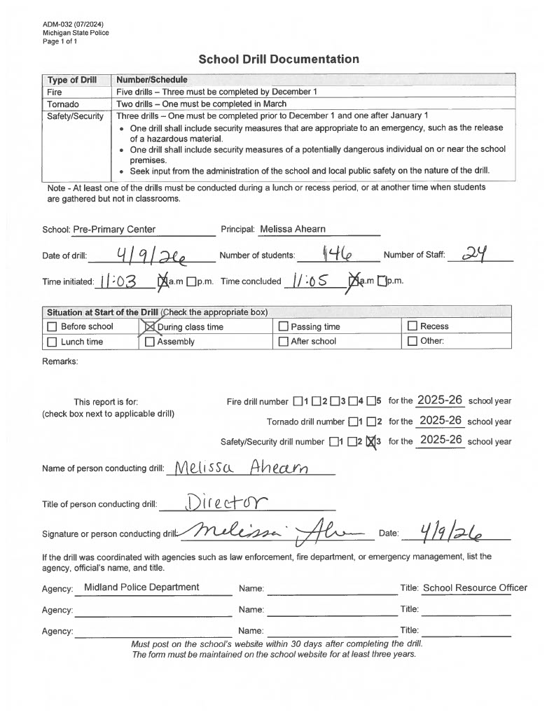 Form for Carpenter Pre-Primary third safety drill of 2025-2026