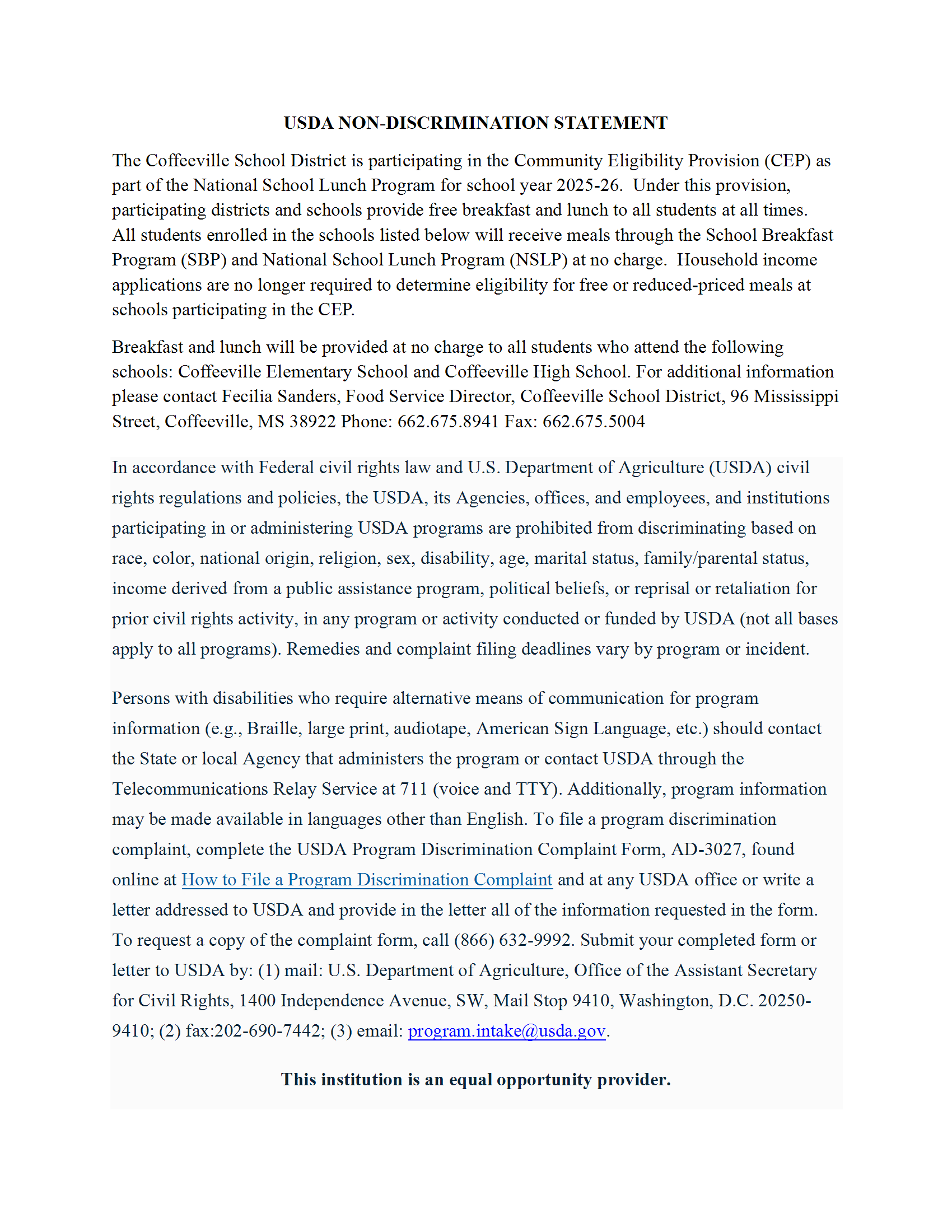 USDA NON-DISCRIMINATION STATEMENT
