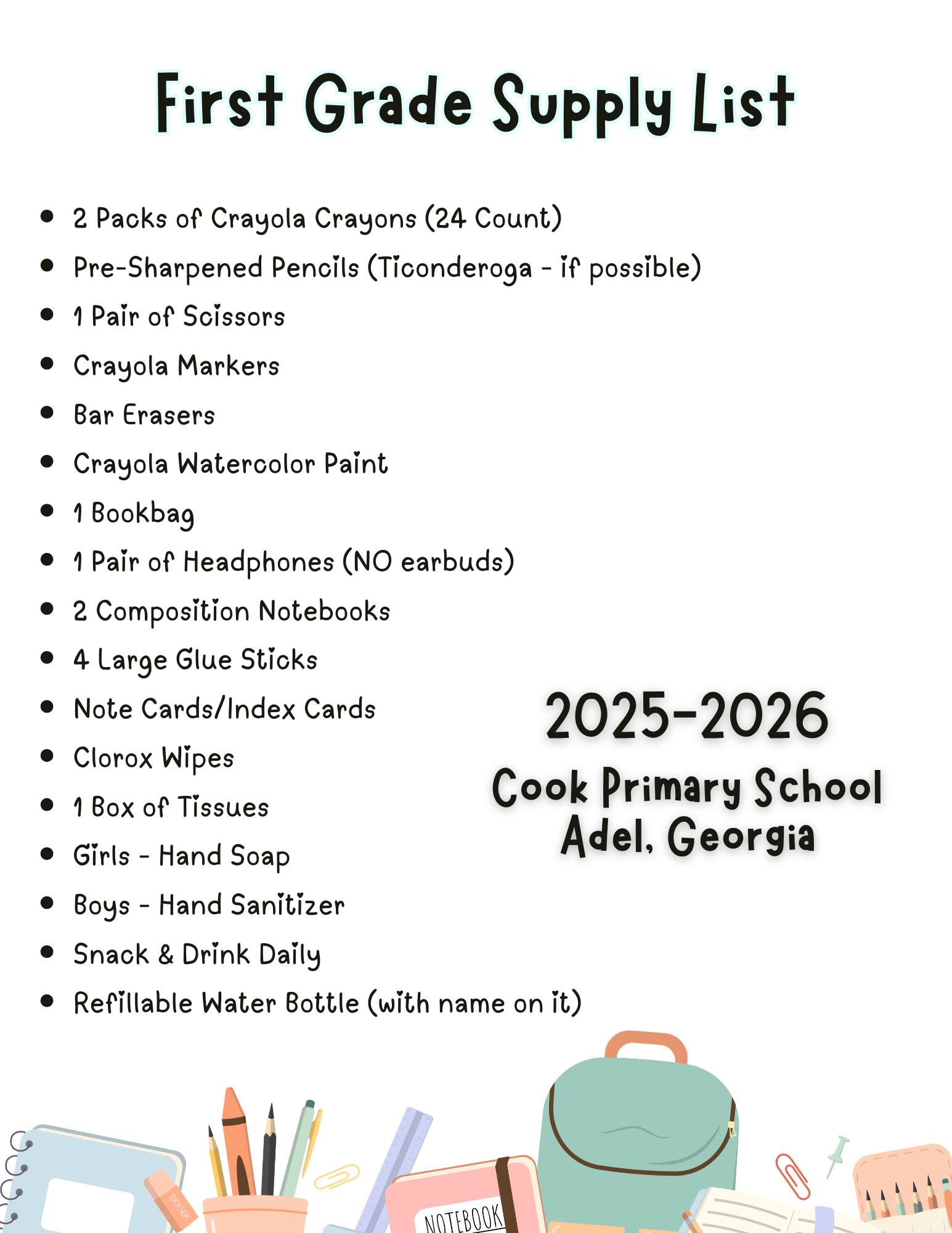 First Grade Supply List