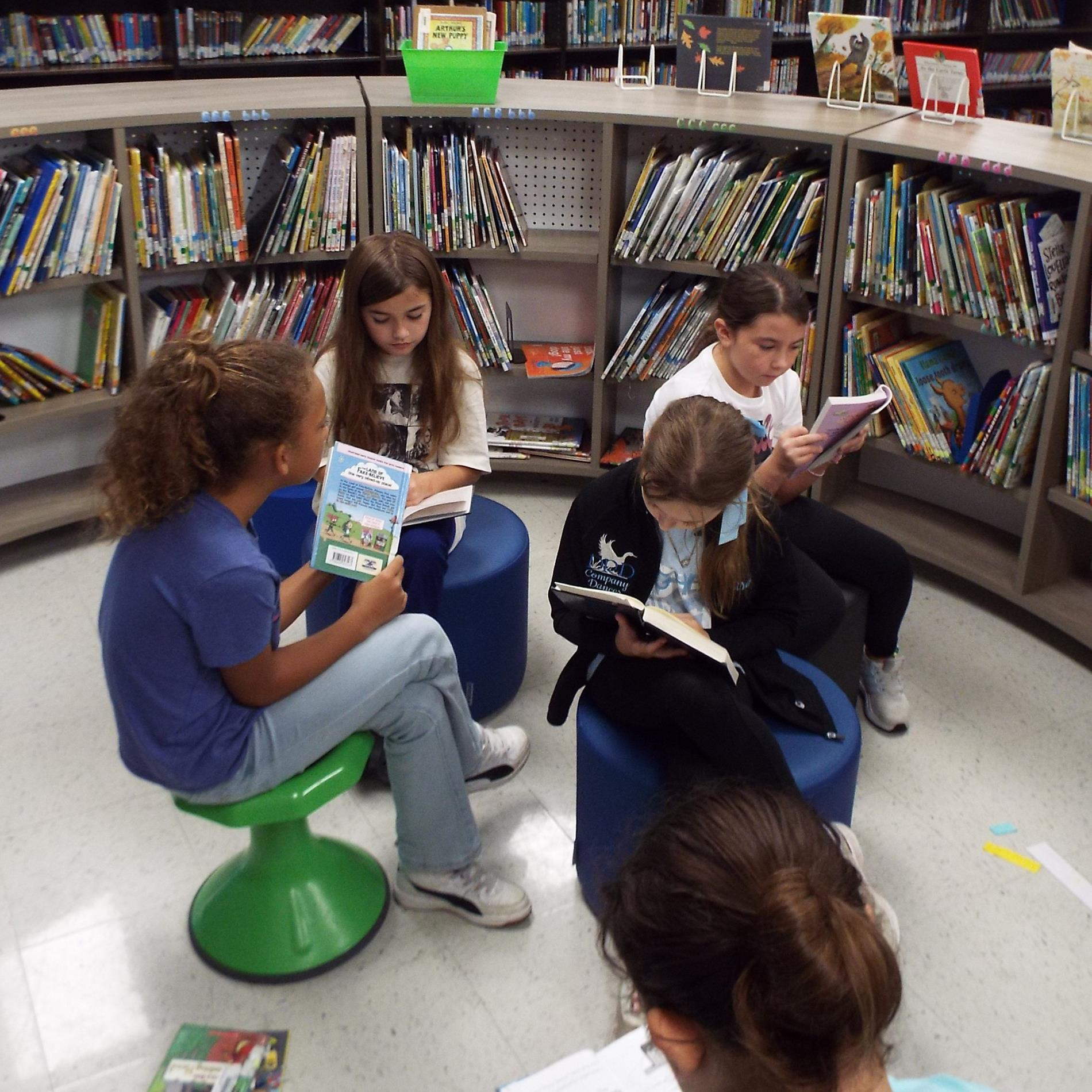 5th grade students reading in library