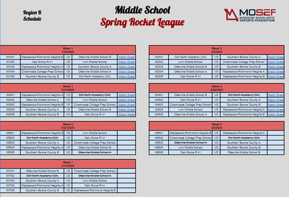 Middle School Spring Rocket League Schedule
